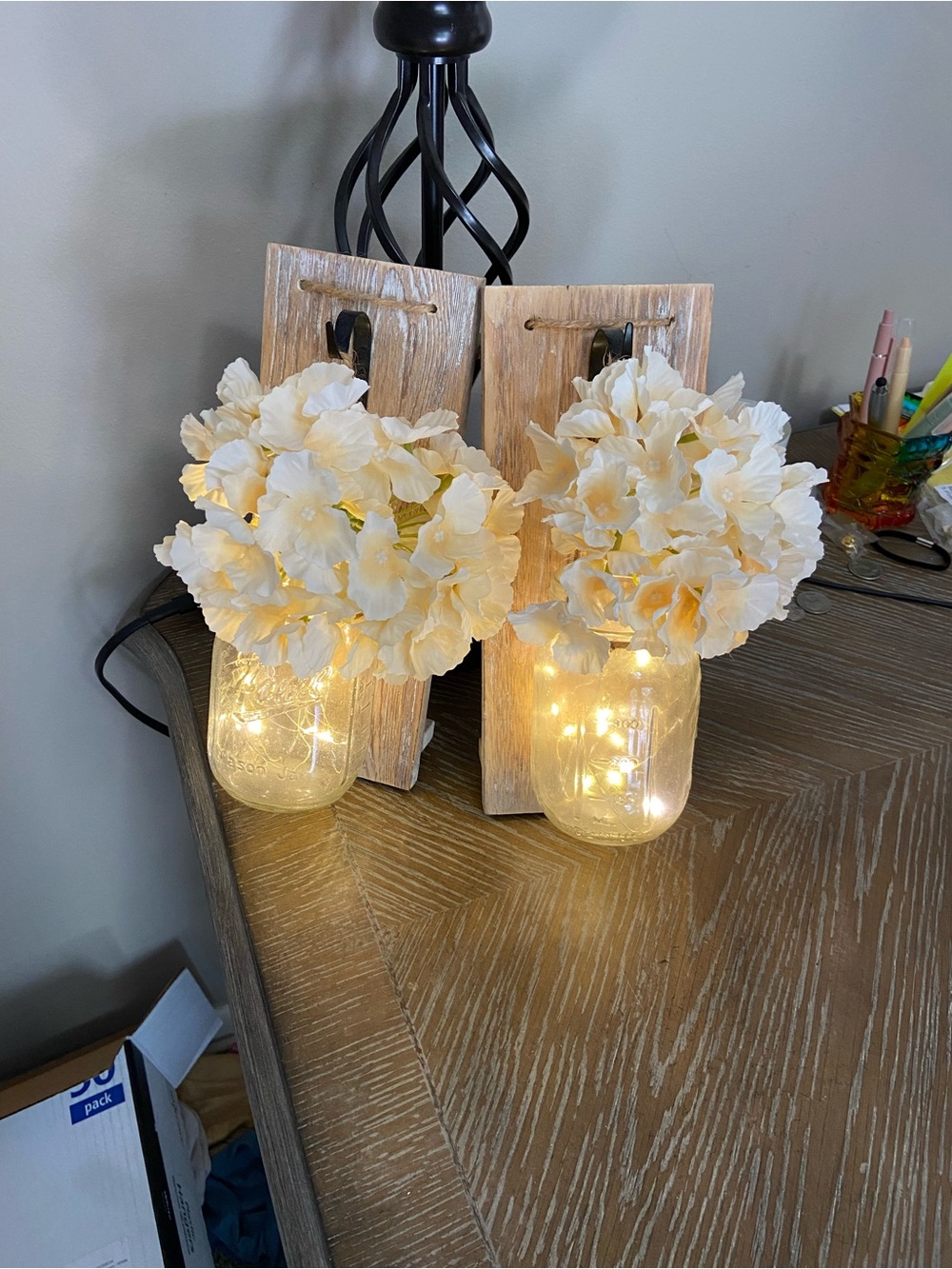 Rustic Wall Sconce Pair with Cream Hydrangea and Warm LED Mason Jars